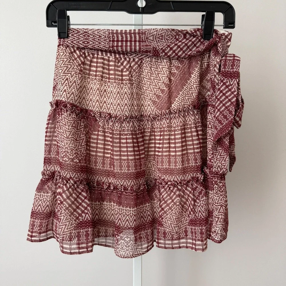 Rebecca Minkoff sz 0 Cheryl Skirt Boho Red Cream Tiered Ruffle‎ Wrap Mini Skirt